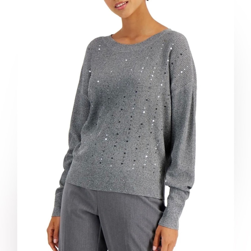 Alfani Sequin Crewneck Sweater Grey Women’s Size Large